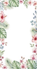 Obraz premium Watercolor Tropical Floral Frame with Hibiscus Orchids and Palm Leaves.