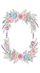 Obraz premium Watercolor Floral Wreath with Pastel Roses and Eucalyptus Leaves.