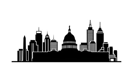 Fototapeta premium Black and white flat vector silhouette of a generic iconic city skyline featuring a large domed capitol-style building flanked by skyscrapers and obelisk monument, bold solid black fill on pure white 