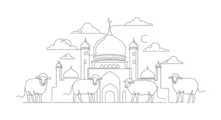 Naklejka premium Eid al-Adha Islamic festival, sheep and mosque, continuous line drawing, cultural celebration