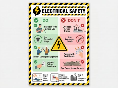 Electrical safety poster with warning signs and precautions for safe usage and maintenance