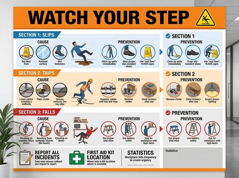 Safety poster warning signs for slips trips and falls prevention in workplace or public areas with safety tips