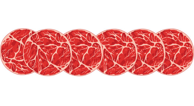 Six circular slices of marbled red meat are positioned in a precise horizontal row creating a rhythmic pattern against a clean plain white background.