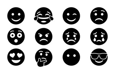 Fototapeta premium Minimalist black emoji icon set, 12 flat vector emoticons with various facial expressions, modern social media reaction symbols for digital communication