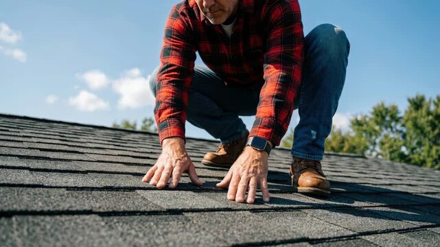 Expert roofer checking asphalt shingles on a house roof during a professional inspection, assessing storm damage and leaks, maintenance, home improvement, construction worker, contractor