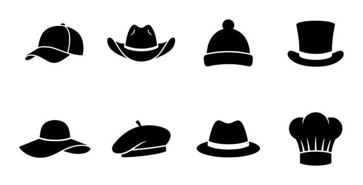Minimalist hat icon set with 8 black silhouettes, fashion headwear collection including cowboy hat and baseball cap, flat vector headgear illustrations