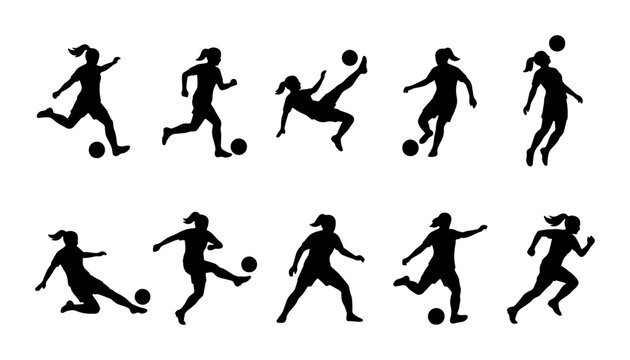 Female soccer player silhouettes set, 10 women football athlete vector icons, professional girl soccer players kicking and running with ball