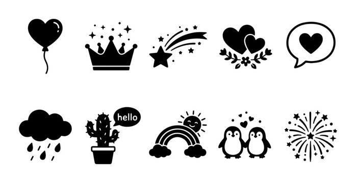 Minimalist black icons set of 10 vector elements, cute doodle symbols for social media, heart and star graphics for digital planners and stickers