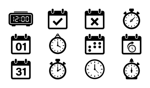 Minimalist time and calendar icon set, black flat vector clock and schedule symbols, 12 professional planning and deadline management elements
