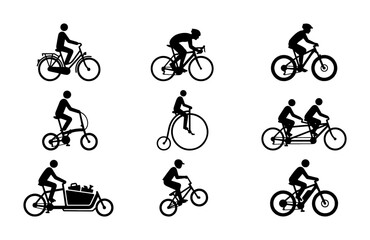 Naklejka premium Bicycle silhouette icons set, 9 cyclist vector elements, mountain bike and road cycling symbols, vintage penny farthing and tandem bike graphics
