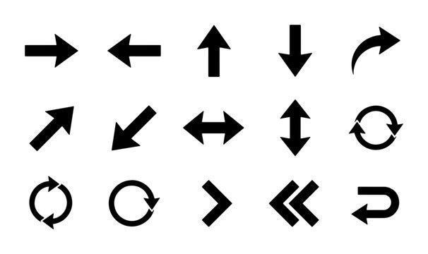 Black arrow icon set, 15 vector navigation symbols for interface design, directional pointers and circular refresh signs on white background
