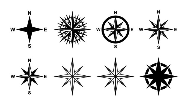 Vintage nautical compass rose icons, set of 8 black wind rose vector symbols, classic maritime navigation signs for maps and travel design