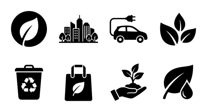 Eco friendly icons set, sustainable green energy symbols, 8 black vector elements for environmental conservation and recycling projects