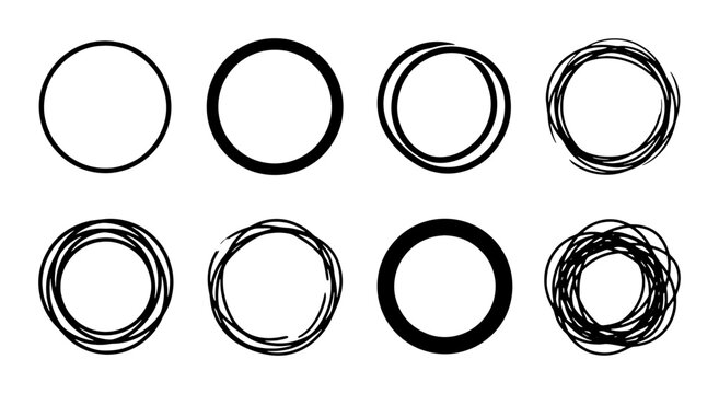 Hand drawn circle frames set, black ink sketch round borders, 8 vector scribble ring elements, messy doodle circular shapes for highlighting text