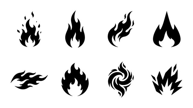 Black fire flame silhouettes, set of 8 minimalist bonfire icons, flat vector fire sparks and blaze symbols for logo design and branding