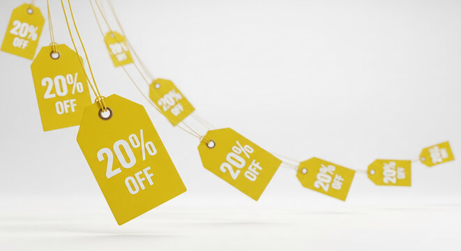 Multiple yellow price tags with 20% off text, dangling by string, showcasing sale or discount, promoting shopping and marketing campaign