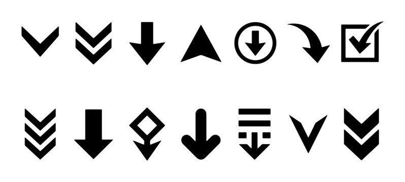 Black arrow icon set, minimalist directional symbols for web design, 14 vector navigation elements, flat black pointer collection for interface