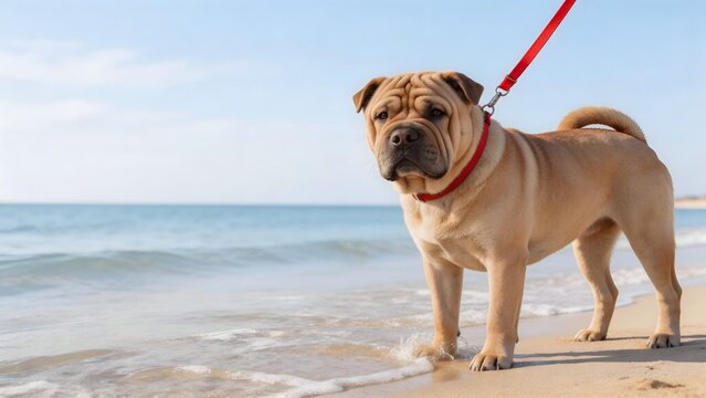 Dog on beach with leash