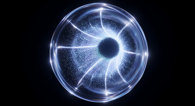 Plasma globe emitting brilliant white electrical currents toward the glass surface serves as a visual metaphor for the power of science and the study of ionized gases in physics.