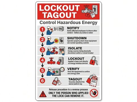 Lockout tagout safety sign control hazardous energy steps procedure industrial