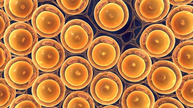 3D rendered close up of orange fat cells with detailed membranes on dark blue background, scientific visualization of adipose tissue, concept of obesity biology and medical research, nobody.