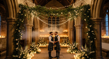 Fototapeta premium Two man in kilt at wedding, standing in church illuminated by candle and fairy light, representing love, commitment, celebration, and unique style