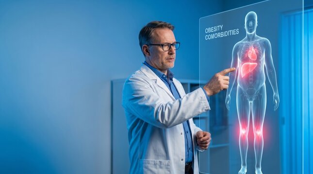 Serious caucasian male doctor in white coat and glasses points at a glowing holographic human body showing obesity comorbidities with highlighted organs on blue background, medical education.