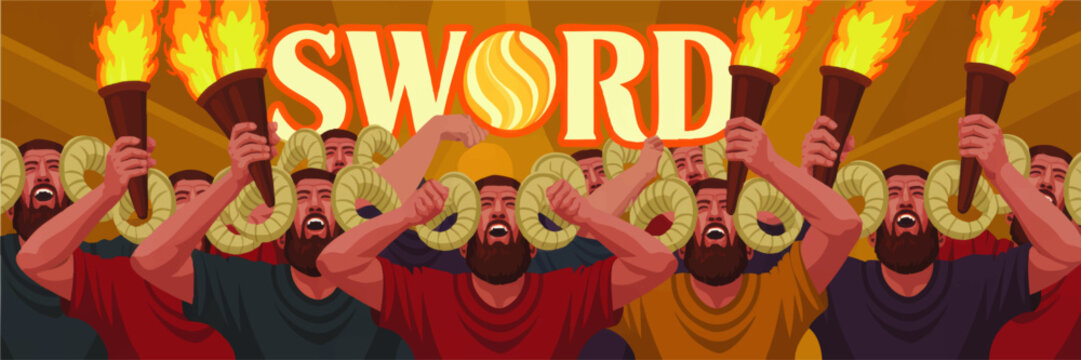 Ancient warriors raising flaming torches and blowing ram horns before glowing sword text in dramatic battle poster illustration