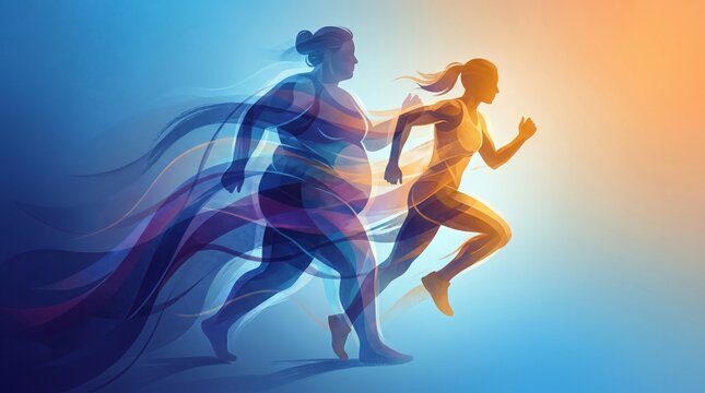 Digital illustration of two female silhouettes showing body transformation from overweight to fit runner on blue to orange gradient background, weight loss journey and motivation to exercise.