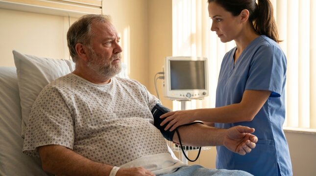 Serious overweight senior caucasian man in hospital gown sits in bed while female nurse in blue scrubs takes his blood pressure, symbolizing obesity complication treatment and hospital care.