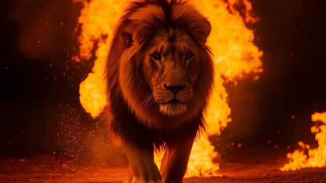Majestic Male Lion Walking through Intense Raging Fire