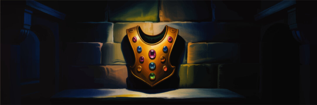Fantasy golden jeweled armor on stone pedestal in dark castle chamber, magical relic illustration with dramatic lighting