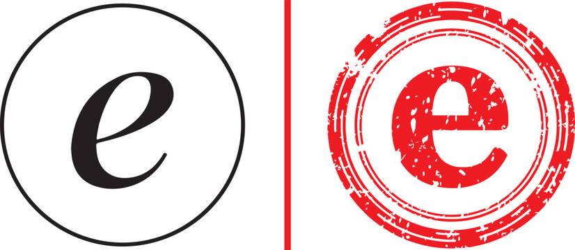 Lowercase letter e logo set with minimalist black circle and red distressed grunge stamp vector illustration
