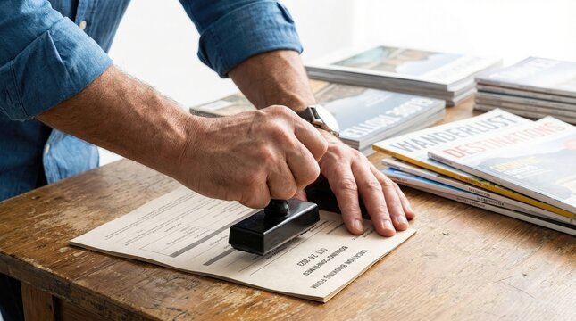 Travel agent stamping a vacation booking confirmation form on a wooden desk
