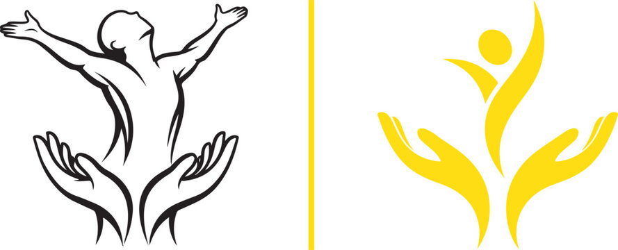 Wellness and Health Logo Set with Human Figure and Supporting Hands Vector Illustration