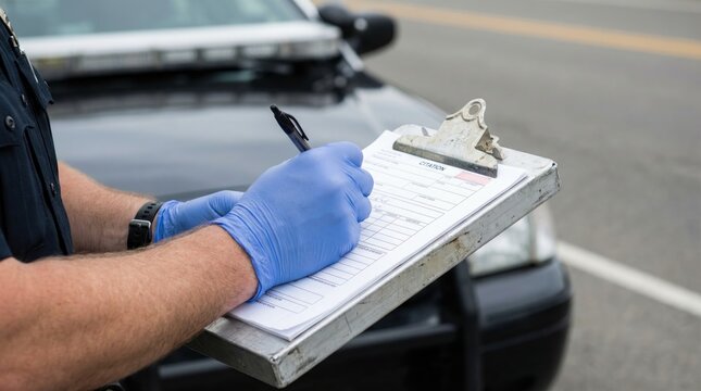 Police officer writing a parking citation on a clipboard outdoors