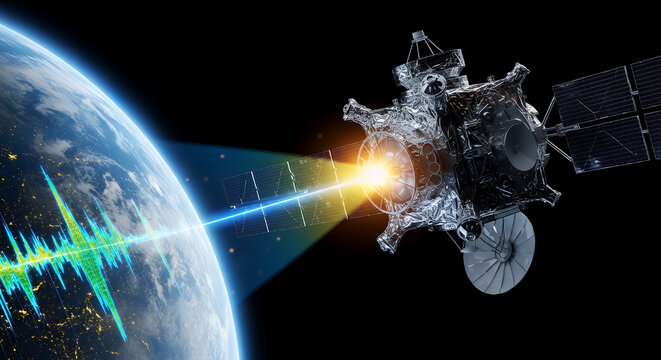 Satellite transmits high-speed data signals to Earth orbit while floating in deep space, featuring a vibrant glowing beam that connects the advanced machine to the planet in this digital rendering.