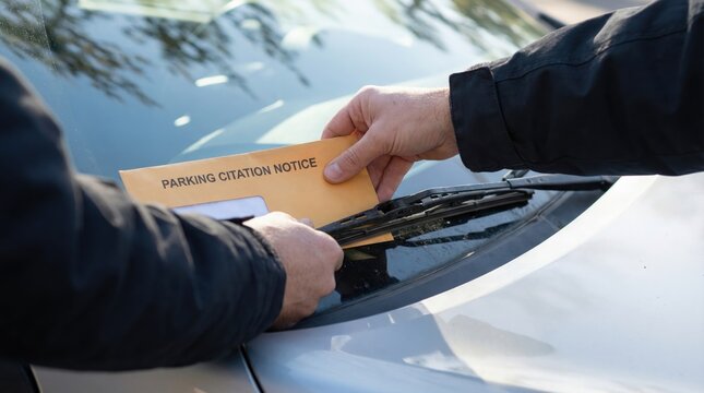 Traffic warden placing a parking citation envelope under a car windshield wiper