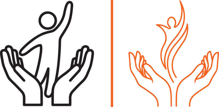 Human care and empowerment vector icon set with hands holding a person and stylized flame figure for charity and support