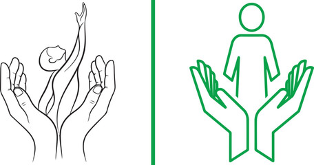 Hands holding human figure vector illustration set representing care protection and social support icons for charity and insurance © reza