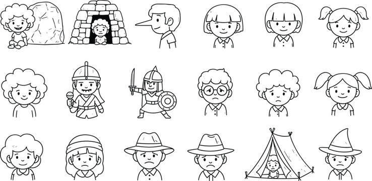 Diverse Cartoon Character Avatar Set Featuring Kids Historical Figures and Fantasy Roles in Hand Drawn Line Art Style for Children Storytelling and Gaming Design
