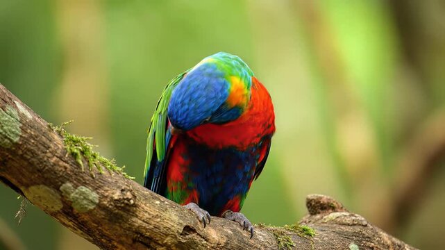 Colorful parrot perched on branch against a blurred green background