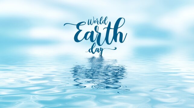 World Earth Day lettering in stylish font above a calm water surface, reflecting soft clouds and creating a peaceful atmosphere
