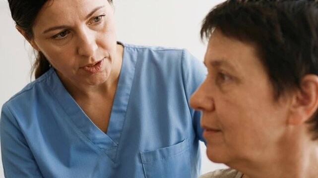 Nurse talking and consulting with middle aged woman patient in clinic, healthcare communication and support concept, close up view.