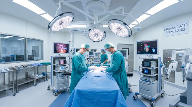 Team of surgeons in teal scrubs and masks perform bariatric surgery under bright operating lights in a modern white operating room with medical monitors and robotic equipment, healthcare concept.