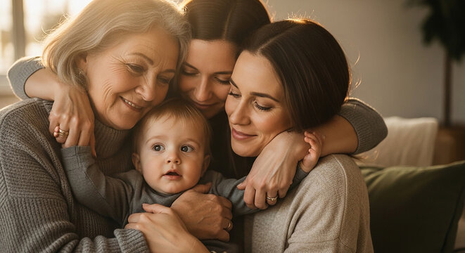 Four generations of women and a baby sharing a warm and loving moment together in a cozy living room