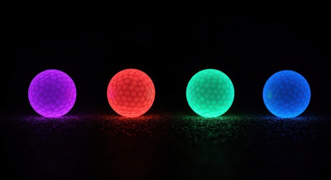 Collection of futuristic glowing golf balls emitting vibrant neon colors, perfect for exciting night sports and novelty game play, blue, equipment, fun