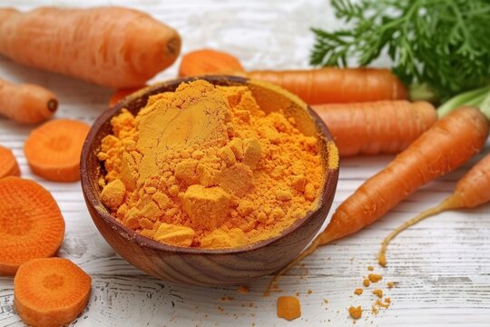Carrot powder in wooden bowl with fresh carrots and carrot slices on white rustic wooden table