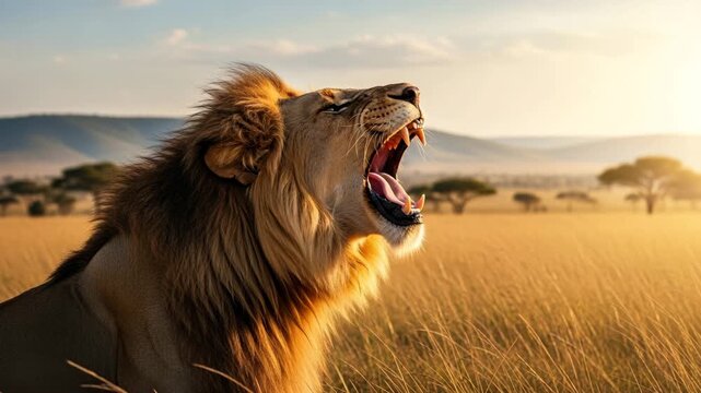 Side View of Lion Roaring in African Savanna