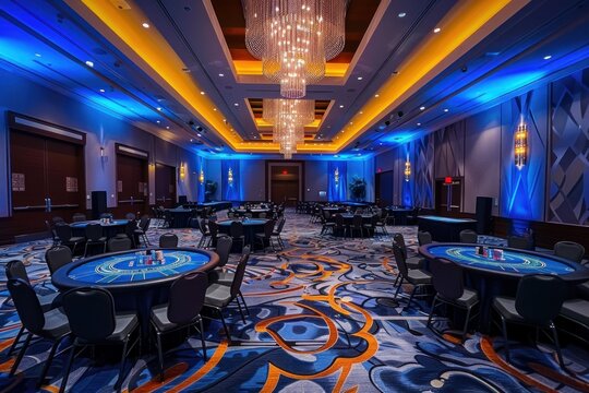 Elegant conference hall illuminated with blue and orange lights, set up for a poker tournament with round tables, chairs, and crystal chandeliers hanging from the ceiling